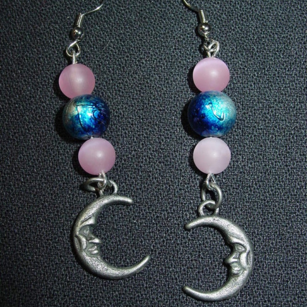 Handmade Earrings Half Moons Pink Blue Beads